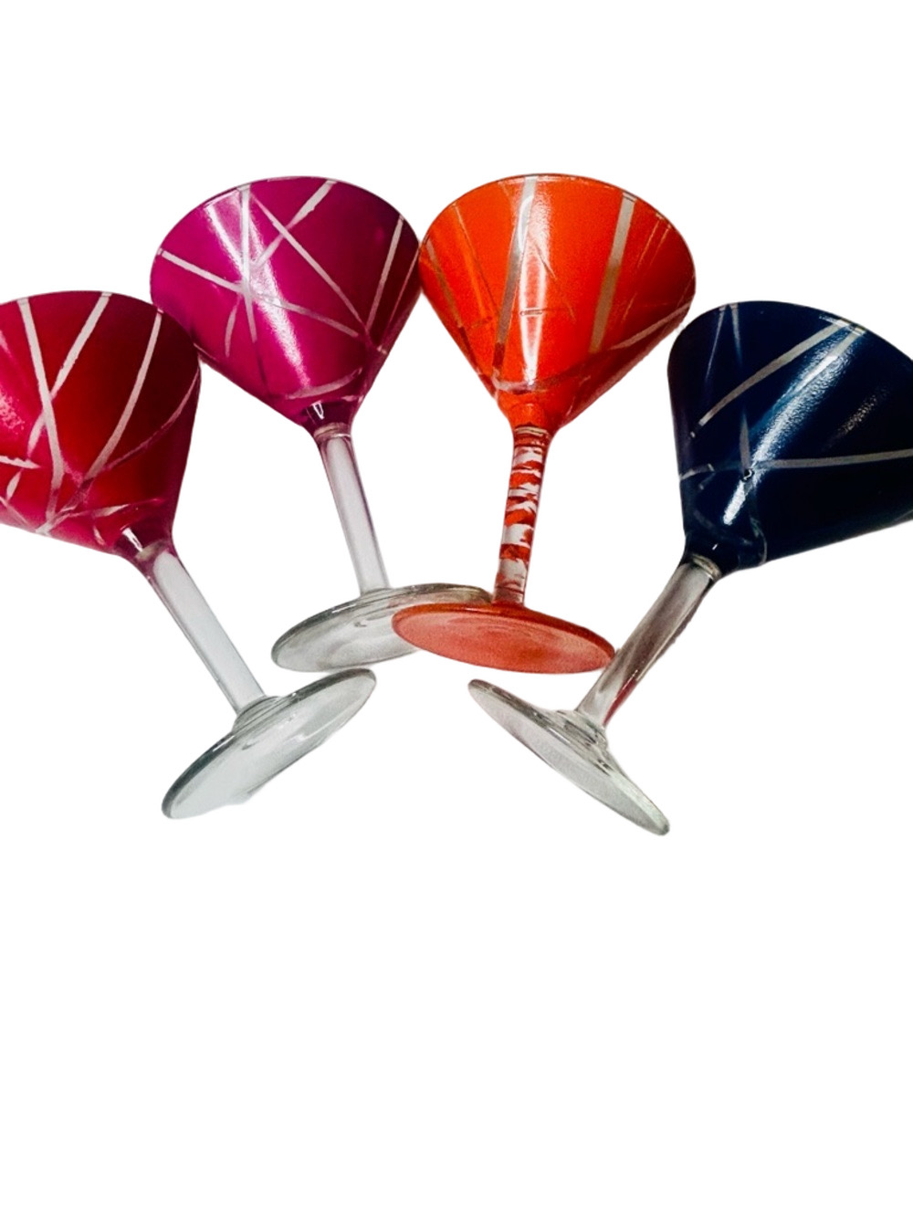 Handpainted Martini Glasses Set of Four 4 Blue Orange Red Pink Home Decor